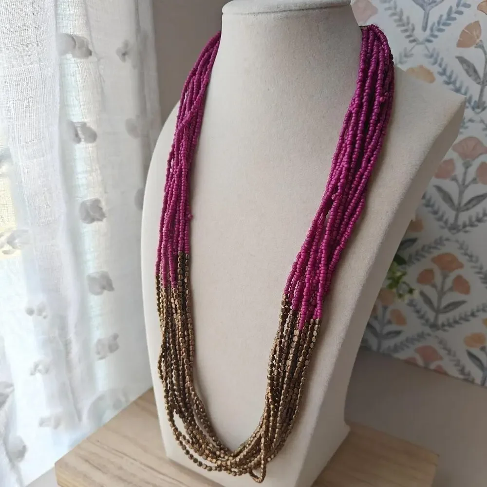 Boho fuschia and bronze two tone multi strand seed bead necklace
